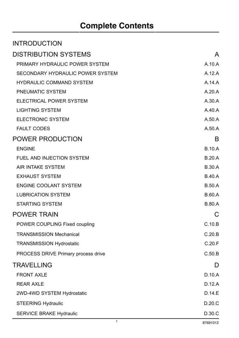 Puede incluir: Un documento en blanco y negro titulado Complete Contents, que enumera secciones t&eacute;cnicas como Distribution Systems, Power Production, Power Train y Travelling. Detalla subsistemas como hidr&aacute;ulica, neum&aacute;tica, el&eacute;ctrica, motor y transmisi&oacute;n con c&oacute;digos alfanum&eacute;ricos.