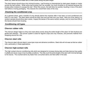 May include: Informative document detailing crop conditioning. Text describes properly conditioned crops, checking methods, and various conditioning roll types, including chevron rubber, steel, and high-contact rolls. Measurements are provided in millimeters and inches.