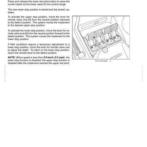 May include: A technical manual page titled 6 - WORKING OPERATIONS featuring text instructions and a line drawing of a tractor control console with four levers and buttons, labeled with a number 1, detailing remote valve operation and stop positions.