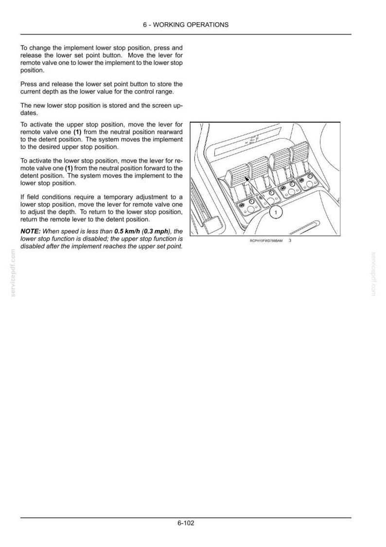 May include: A technical manual page titled 6 - WORKING OPERATIONS featuring text instructions and a line drawing of a tractor control console with four levers and buttons, labeled with a number 1, detailing remote valve operation and stop positions.