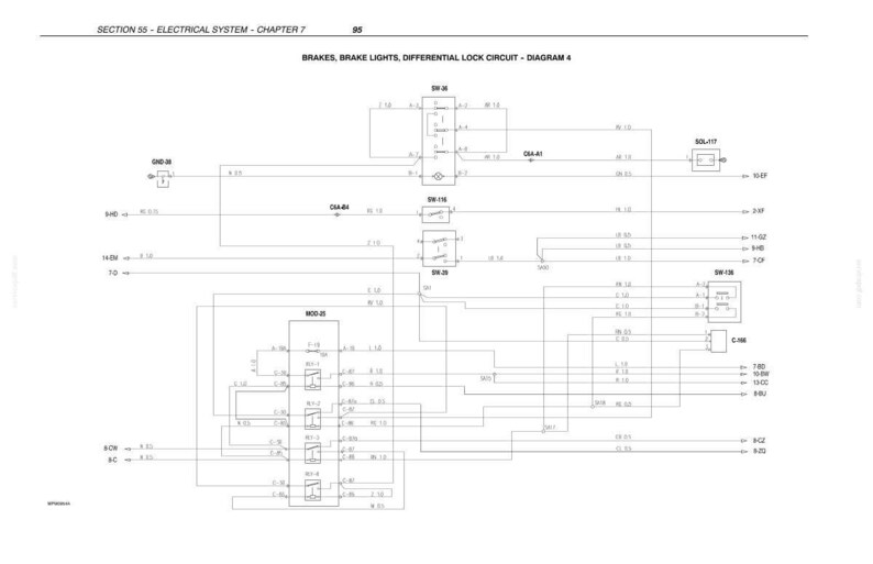 May include: Diagram of an electrical system, showing brake lights and differential lock circuit. The diagram includes text and symbols on a white background. The text includes "SECTION 55 - ELECTRICAL SYSTEM - CHAPTER 7" and "BRAKES, BRAKE LIGHTS, DIFFERENTIAL LOCK CIRCUIT - DIAGRAM 4".
