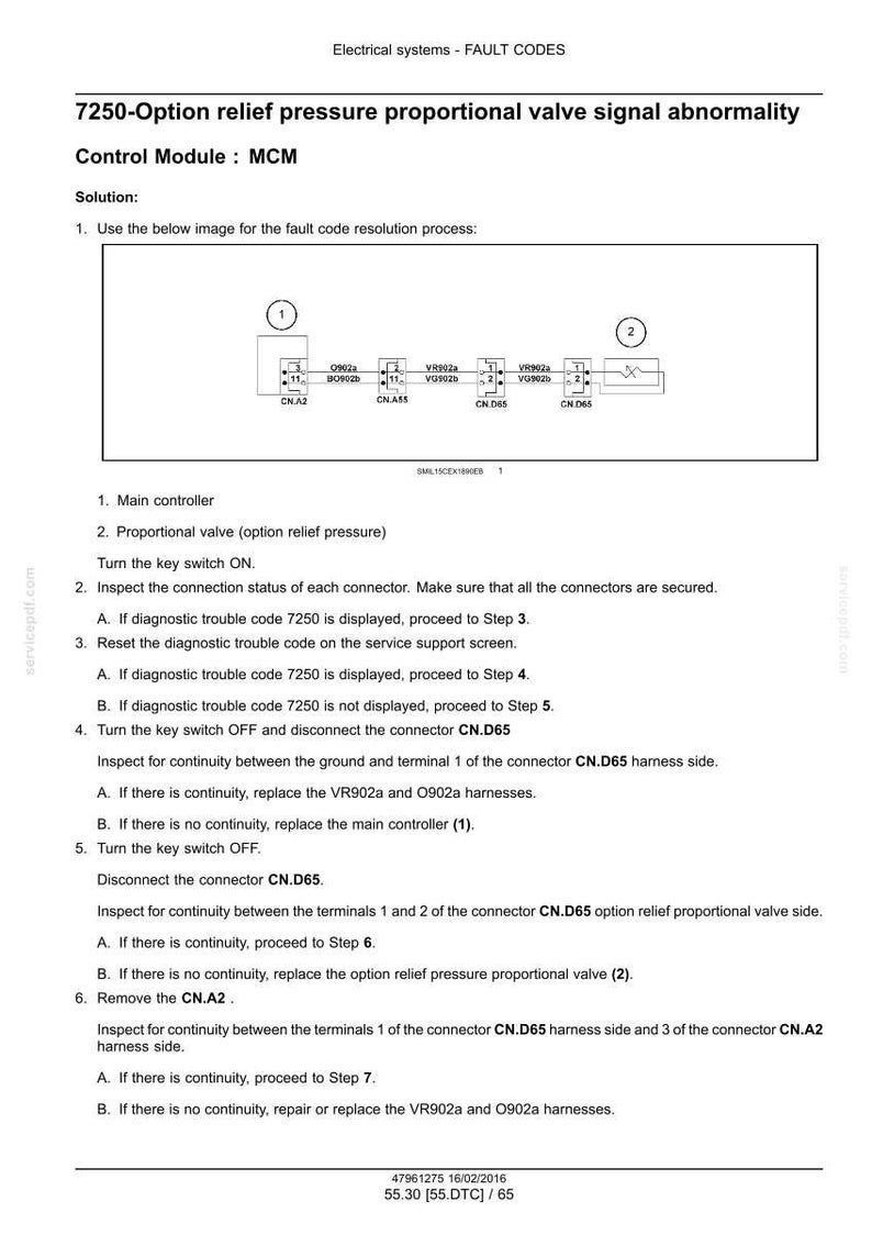May include: Diagram showing an electrical system fault code, detailing the 7250-Option relief pressure proportional valve signal abnormality. Includes a schematic with connectors and troubleshooting steps for the Control Module MCM.