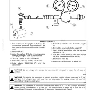 May include: Diagram of a nitrogen charging kit with gauges, valves, and an accumulator. The image includes labels for different components and instructions for use. Safety warnings are also included.