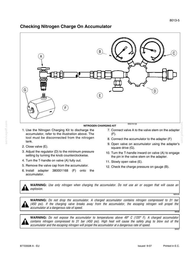 May include: Diagram of a nitrogen charging kit with gauges, valves, and an accumulator. The image includes labels for different components and instructions for use. Safety warnings are also included.