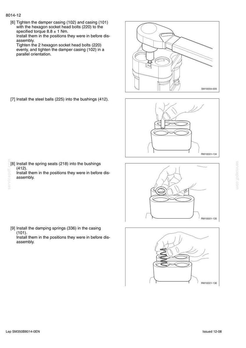 Puede incluir: Diagrama t&eacute;cnico con instrucciones paso a paso para el montaje de un componente mec&aacute;nico. Las im&aacute;genes muestran el uso de herramientas y la instalaci&oacute;n de piezas como pernos, bolas de acero y muelles. El texto incluye especificaciones de par.