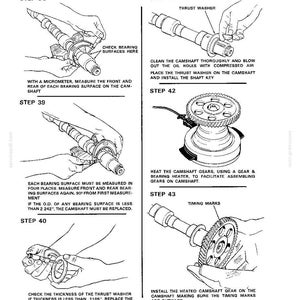 May include: Diagram of camshaft assembly and installation steps. Includes instructions for measuring bearing surfaces, checking thrust washer thickness, and installing the heated camshaft gear. Text includes "Camshaft Assembly and Installation" and "Timing Marks".