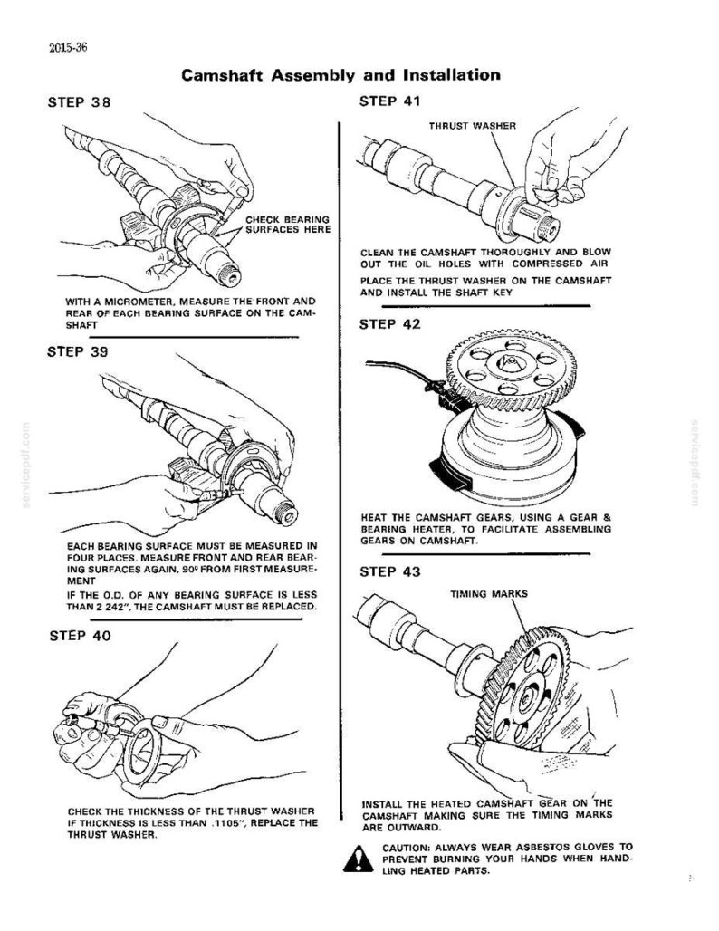 May include: Diagram of camshaft assembly and installation steps. Includes instructions for measuring bearing surfaces, checking thrust washer thickness, and installing the heated camshaft gear. Text includes "Camshaft Assembly and Installation" and "Timing Marks".