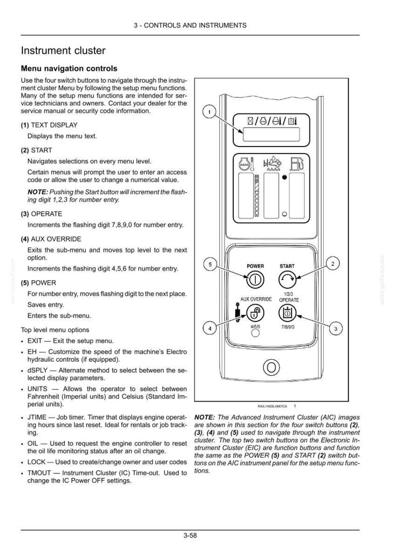 K&ouml;nnte beinhalten: Ein technisches Diagramm eines Instrumenten-Bedienfelds mit einer Textanzeige und vier beschrifteten Tasten: Power, Start, Aux Override und Operate. Die Abbildung enth&auml;lt nummerierte Hinweise und beschreibenden Text zur Erl&auml;uterung der Men&uuml;-Navigationssteuerungen f&uuml;r den Maschinenbetrieb und die Einstellungen.