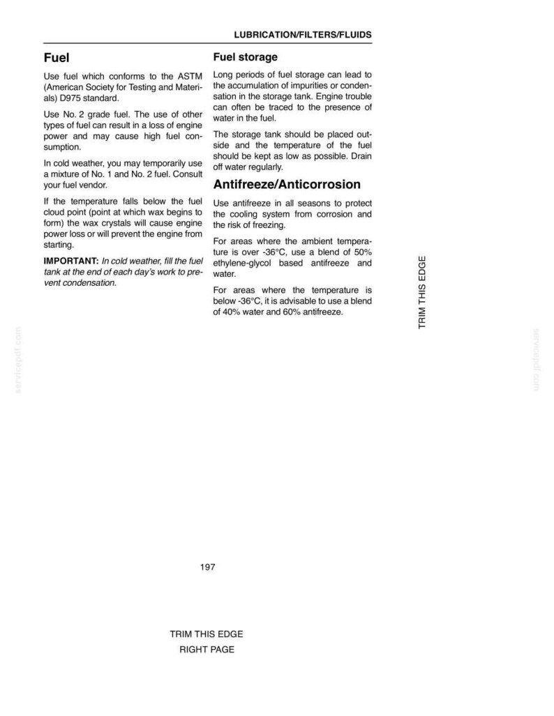 May include: A page from a manual with the title "Fuel" and "Fuel Storage". The text describes fuel types, storage, and antifreeze usage. The page includes the number 197 and the text "Trim This Edge".