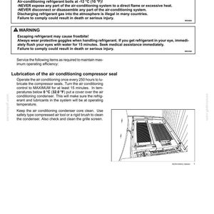 May include: A page from a maintenance manual detailing air conditioning condenser cleaning. Includes warnings about explosion hazards and frostbite, along with instructions for lubrication and cleaning the condenser core and grille screen.