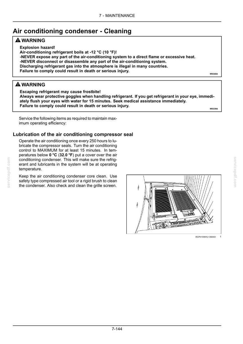 May include: A page from a maintenance manual detailing air conditioning condenser cleaning. Includes warnings about explosion hazards and frostbite, along with instructions for lubrication and cleaning the condenser core and grille screen.