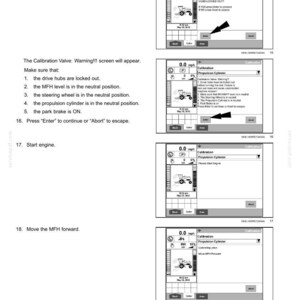 May include: A series of screenshots from an electrical system's calibration process. The screens display instructions and prompts for locking hubs, checking positions, and starting the engine. The text includes "Calibration" and "Propulsion Cylinder".
