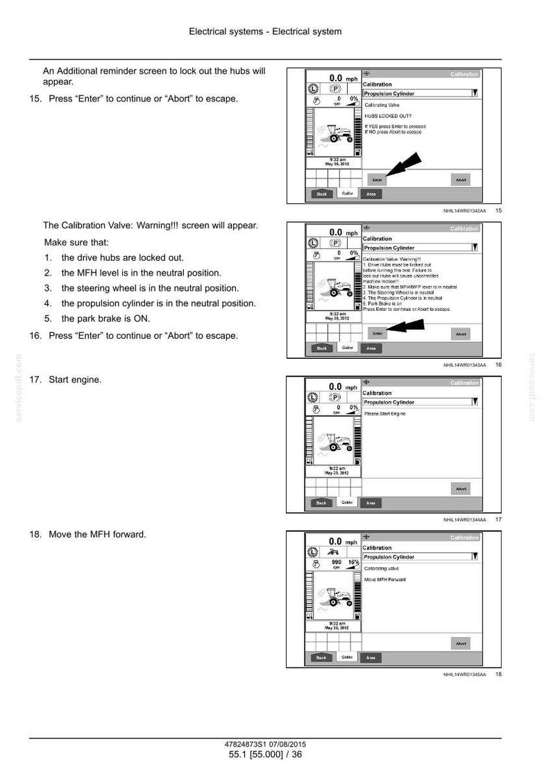 May include: A series of screenshots from an electrical system's calibration process. The screens display instructions and prompts for locking hubs, checking positions, and starting the engine. The text includes "Calibration" and "Propulsion Cylinder".