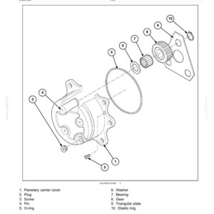 May include: An exploded diagram of a planetary and final drive reduction gear system. The image shows various components, including a planetary carrier cover, plug, screw, pin, O-ring, washer, bearing, gear, triangular plate, and elastic ring.