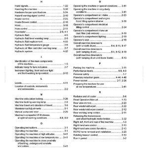 May include: A page from a manual titled "SECTION 9 - ALPHABETICAL INDEX." The index lists terms like "Hydraulic fluid," "Operator's seat," and "Rear view mirrors." The page is black text on a white background.