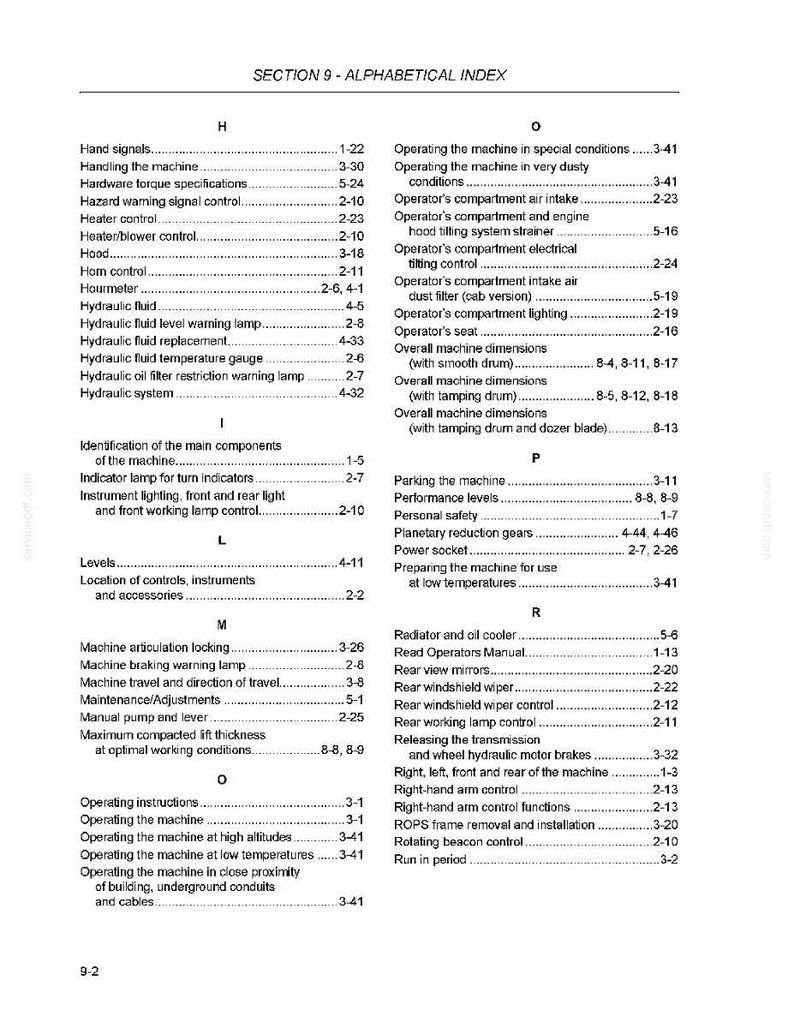 May include: A page from a manual titled "SECTION 9 - ALPHABETICAL INDEX." The index lists terms like "Hydraulic fluid," "Operator's seat," and "Rear view mirrors." The page is black text on a white background.