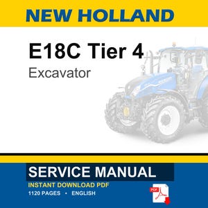 Op de afbeelding: Afbeelding van een blauwe en witte New Holland E18C Tier 4 graafmachine. De tekst "SERVICE MANUAL" staat eronder, met details over het PDF-formaat en het aantal pagina's.