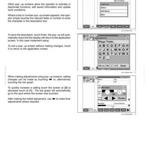 Puede incluir: Una p&aacute;gina de manual t&eacute;cnico titulada 3-CONTROLS AND INSTRUMENTS que presenta tres diagramas en blanco y negro de pantallas emergentes en una pantalla a color. El texto explica c&oacute;mo ingresar informaci&oacute;n, editar configuraciones y navegar.