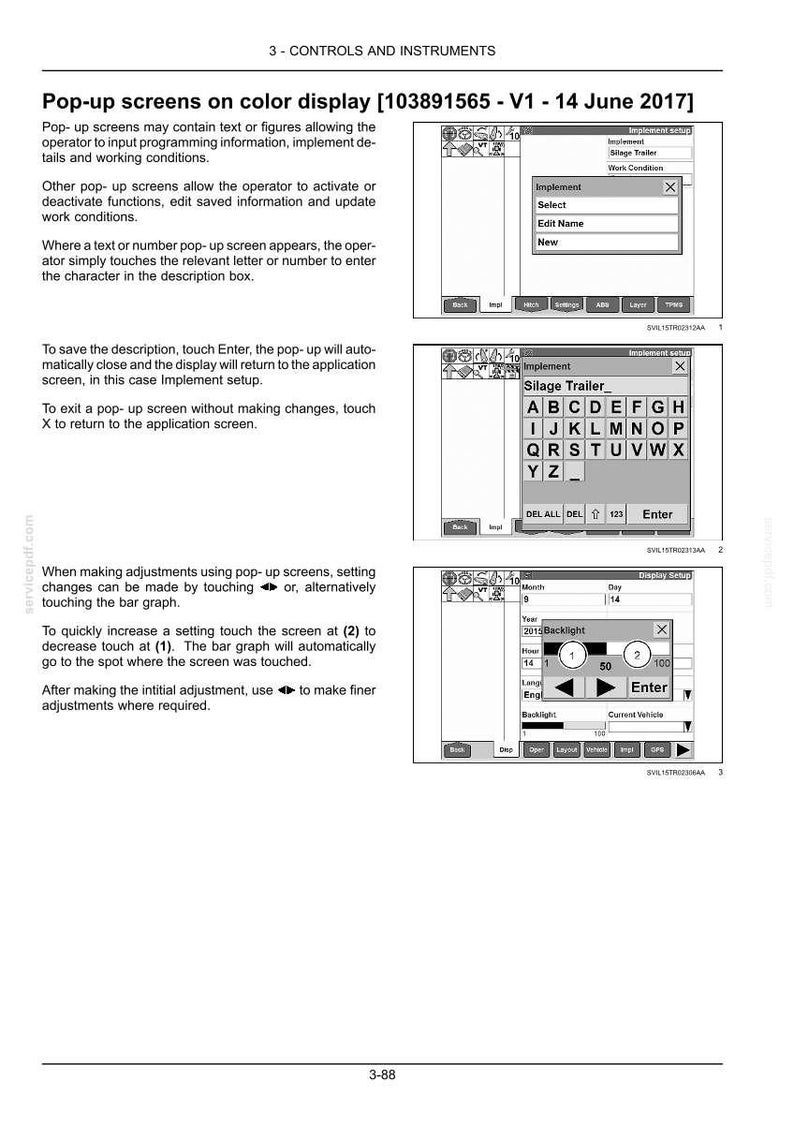 Puede incluir: Una p&aacute;gina de manual t&eacute;cnico titulada 3-CONTROLS AND INSTRUMENTS que presenta tres diagramas en blanco y negro de pantallas emergentes en una pantalla a color. El texto explica c&oacute;mo ingresar informaci&oacute;n, editar configuraciones y navegar.