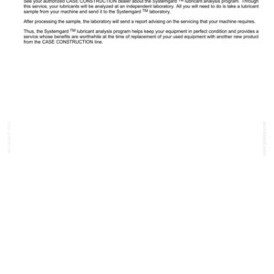 May include: A page from a maintenance manual with the title "Lubrication analysis program." The text describes the Systemgard lubricant analysis program, including how to get a sample analyzed and receive a report.