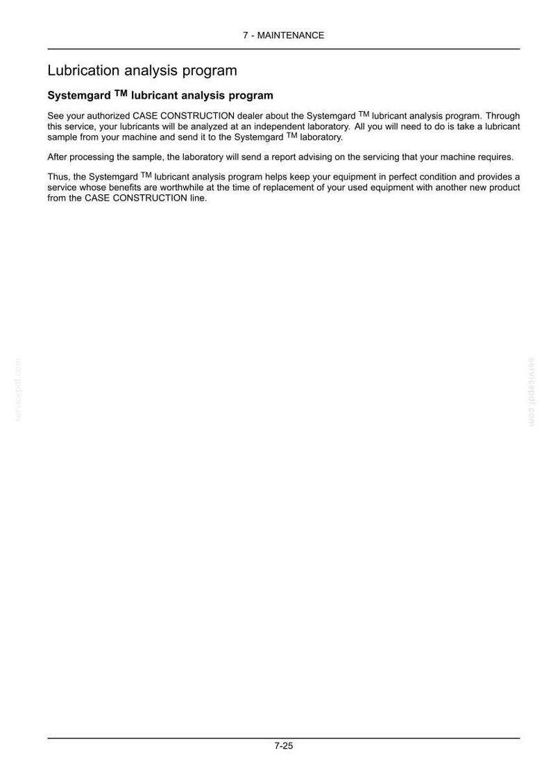May include: A page from a maintenance manual with the title "Lubrication analysis program." The text describes the Systemgard lubricant analysis program, including how to get a sample analyzed and receive a report.