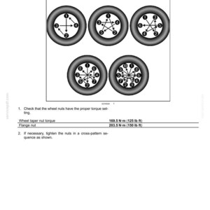 May include: Diagram showing wheel torque with five tyre cross-sections, each with a different tightening sequence for wheel nuts. Text indicates torque specifications: 169.5 N-m (125 lb ft) and 203.5 N-m (150 lb ft).