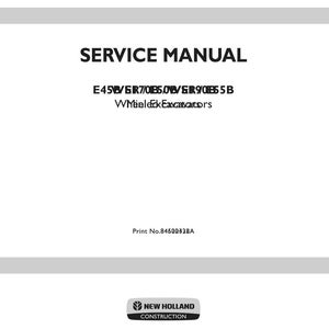 Op de afbeelding: Een witte onderhoudshandleiding met zwarte tekst: SERVICE MANUAL, E45B/E50B/E55B, Wheel Excavators en Print No. 84600328A. Onderaan staat een zwart rechthoekig logo met het embleem en de tekst van New Holland Construction.