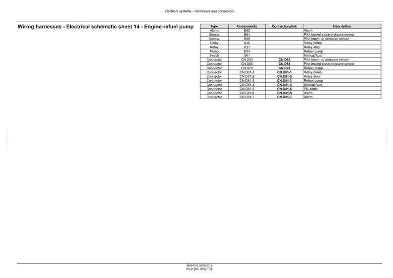 Może przedstawiać: Szczeg&oacute;łowy schemat zatytułowany "Wi?zki przewod&oacute;w - Schemat elektryczny arkusz 14 - Pompa paliwa silnika". Schemat zawiera list? komponent&oacute;w, z??czy i opis&oacute;w, w tym "Alarm", "Czujnik" i "Przeka?nik".