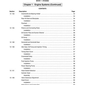 May include: A page from a manual titled "SECTION 10 - ENGINE" with a table of contents. The table lists engine components such as "Crankshaft and Bearing Holder" and "Flywheel". The book's number is 1-87535062.