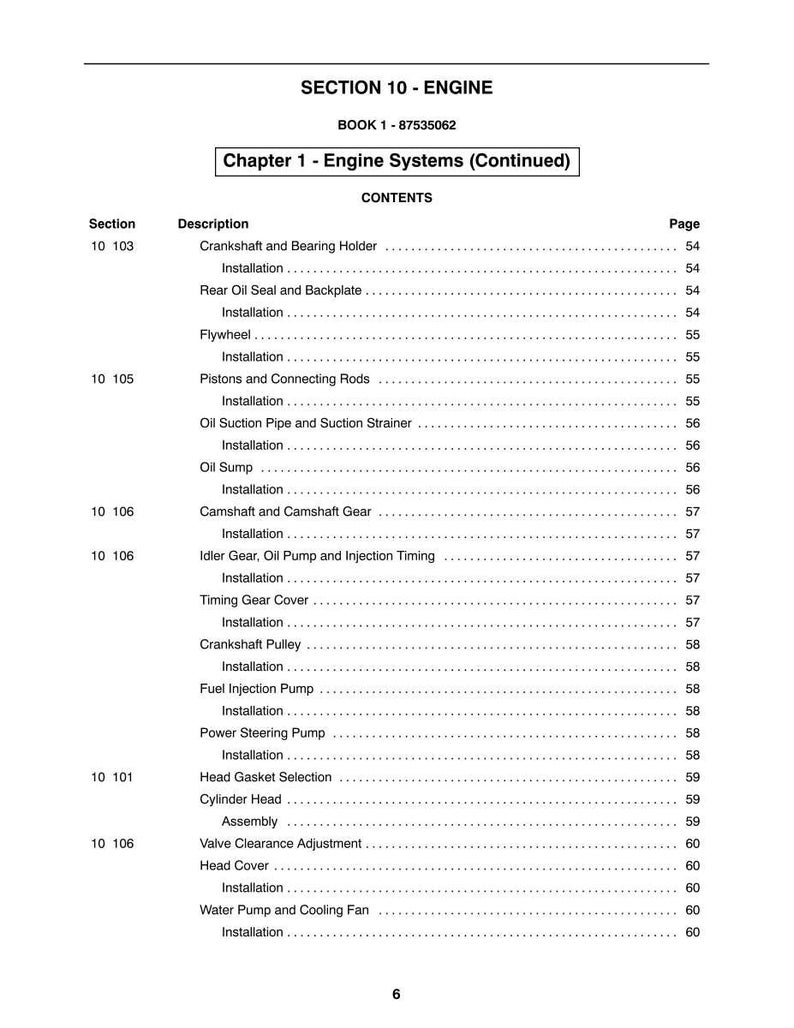 May include: A page from a manual titled "SECTION 10 - ENGINE" with a table of contents. The table lists engine components such as "Crankshaft and Bearing Holder" and "Flywheel". The book's number is 1-87535062.