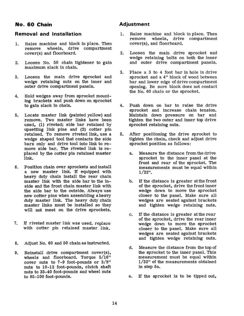 May include: Page from a manual detailing the removal, installation, and adjustment of a No. 60 chain. Instructions include loosening and tightening components, with measurements in inches and foot-pounds. Text is in black font on a white background.