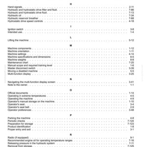 Op de afbeelding: Een gedrukte pagina uit een handleiding, met een inhoudsopgave met diverse machinegerelateerde onderwerpen. De tekst is zwart op wit, met titels als "Algemeen", "Hydraulisch" en "Machineonderdelen". Paginanummers staan rechts.