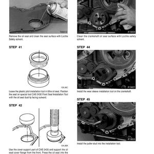 May include: A grayscale technical diagram with instructions for automotive repair. Steps include cleaning surfaces, installing tools, and positioning seals. Text includes "Remove the oil seal" and "Install the wear sleeve installation tool."