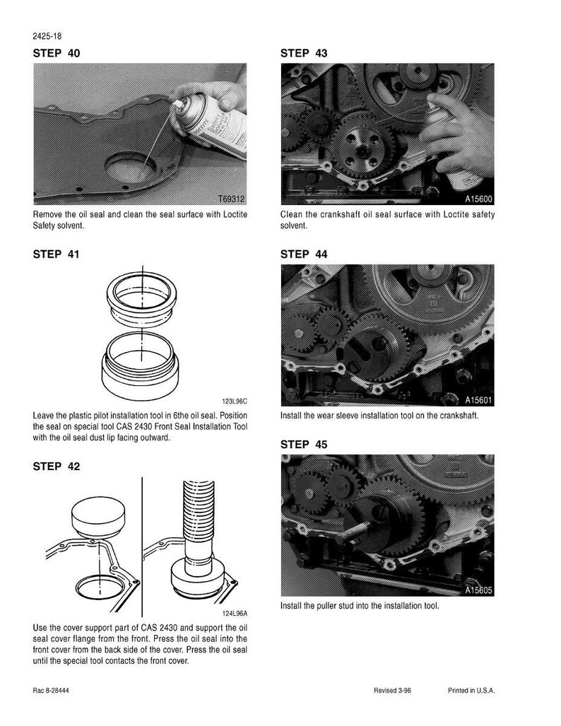May include: A grayscale technical diagram with instructions for automotive repair. Steps include cleaning surfaces, installing tools, and positioning seals. Text includes "Remove the oil seal" and "Install the wear sleeve installation tool."