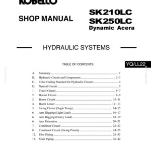 May include: A Kobelco shop manual for hydraulic systems, specifically for SK210LC and SK250LC Dynamic Acera models. The document features a table of contents listing sections from A to 13, including travel, bucket, boom, and arm circuits, with code YQ/LL22.