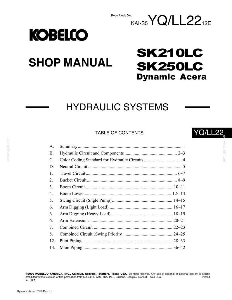 May include: A Kobelco shop manual for hydraulic systems, specifically for SK210LC and SK250LC Dynamic Acera models. The document features a table of contents listing sections from A to 13, including travel, bucket, boom, and arm circuits, with code YQ/LL22.