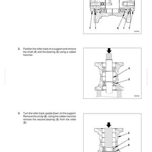 Op de afbeelding: Diagram met de demontage van rollenbanen. De afbeelding toont doorsneden met labels voor kragen, pakkingen, borgringen, assen en lagers. Instructies omvatten het verwijderen van onderdelen en het gebruik van een rubberen hamer.