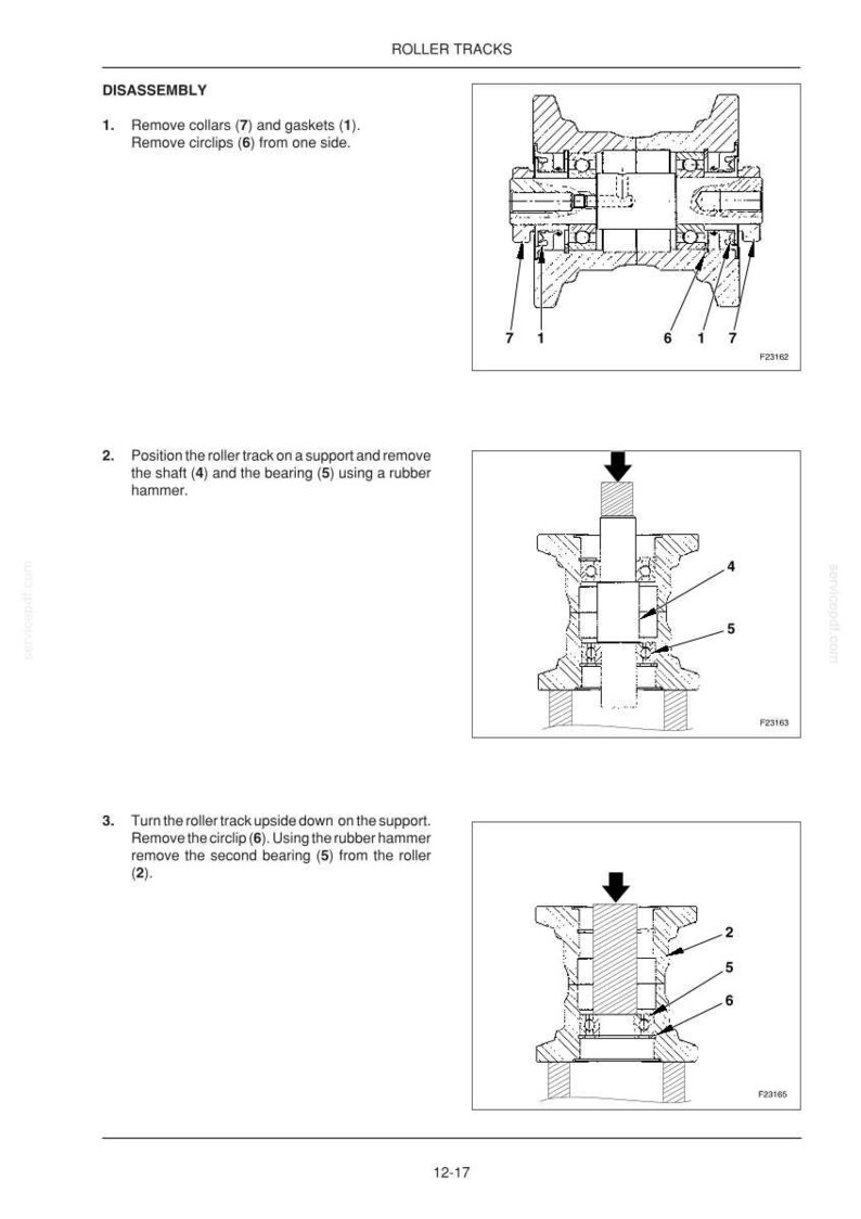Op de afbeelding: Diagram met de demontage van rollenbanen. De afbeelding toont doorsneden met labels voor kragen, pakkingen, borgringen, assen en lagers. Instructies omvatten het verwijderen van onderdelen en het gebruik van een rubberen hamer.