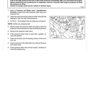 May include: Diagram illustrating the removal of a common rail relief valve from an engine's fuel injection system. The image includes a warning about hot liquid under pressure and detailed instructions for the procedure. The text includes the warning and numbered steps.