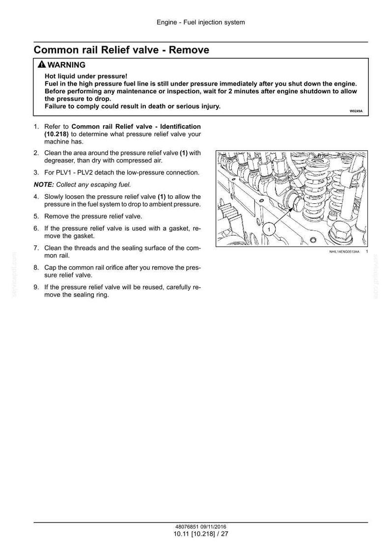 May include: Diagram illustrating the removal of a common rail relief valve from an engine's fuel injection system. The image includes a warning about hot liquid under pressure and detailed instructions for the procedure. The text includes the warning and numbered steps.