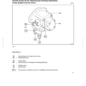 May include: Technical diagram of a double pump for steering, working hydraulics, brake system, and fan drive. The diagram includes labels for various components such as the hydraulic pump, pedal brake valve, and steering valve.