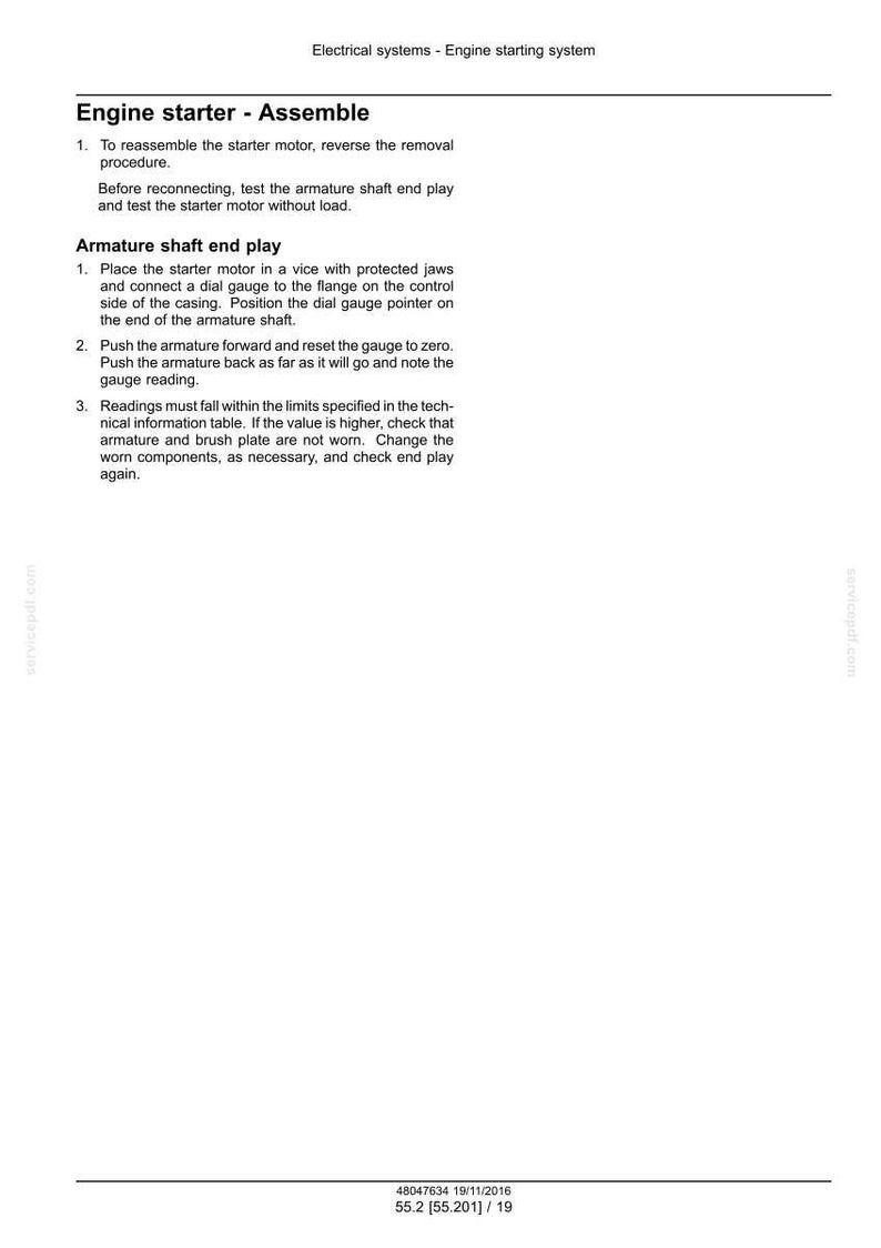 May include: A page from a technical manual detailing the assembly of an engine starter. The text includes instructions on armature shaft end play, with steps for using a dial gauge and checking components.