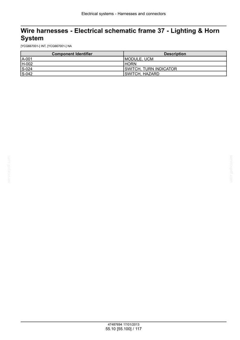 May include: Diagram of wire harnesses for an electrical schematic frame 37, detailing lighting and horn systems. Includes component identifiers and descriptions for modules, horns, and switches. Text at the top reads "Electrical systems - Harnesses and connectors."