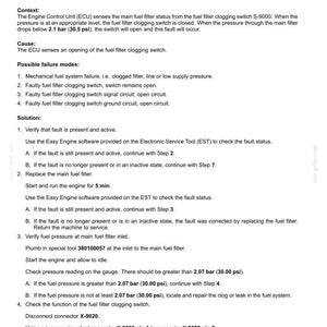 May include: Document detailing electrical system fault codes, specifically for a clogged fuel filter. Includes troubleshooting steps, possible failure modes, and diagnostic procedures. Text includes measurements in psi.