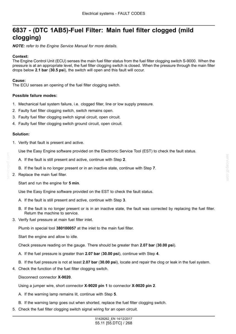 May include: Document detailing electrical system fault codes, specifically for a clogged fuel filter. Includes troubleshooting steps, possible failure modes, and diagnostic procedures. Text includes measurements in psi.