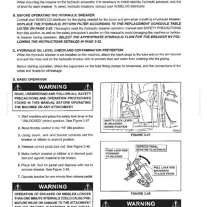 May include: A technical manual page titled Section III - BASIC MACHINE OPERATION 3.9 HYDRAULIC BREAKER. It includes instructions for selection, operation, and safety, featuring diagrams of a safety lock lever and a control pedal mechanism.