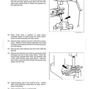 Peut inclure: Diagramme du processus d'assemblage d'une pompe de pulv&eacute;risation. L'image pr&eacute;sente des illustrations d&eacute;taill&eacute;es des &eacute;tapes, notamment le retrait des bagues de retenue, la mise en place du corps du moteur et l'utilisation d'une presse d'arbres. Des instructions textuelles accompagnent les sch&eacute;mas.