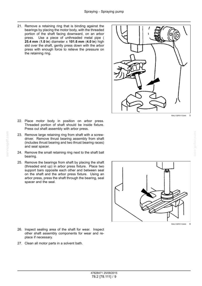 Peut inclure: Diagramme du processus d'assemblage d'une pompe de pulv&eacute;risation. L'image pr&eacute;sente des illustrations d&eacute;taill&eacute;es des &eacute;tapes, notamment le retrait des bagues de retenue, la mise en place du corps du moteur et l'utilisation d'une presse d'arbres. Des instructions textuelles accompagnent les sch&eacute;mas.