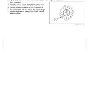 May include: A technical document page titled 3 - WORKING OPERATIONS, Mower deck - Lock-up. It includes instructions for locking a mower deck in the highest position and a line drawing of a height control knob with an S position labelled 1.