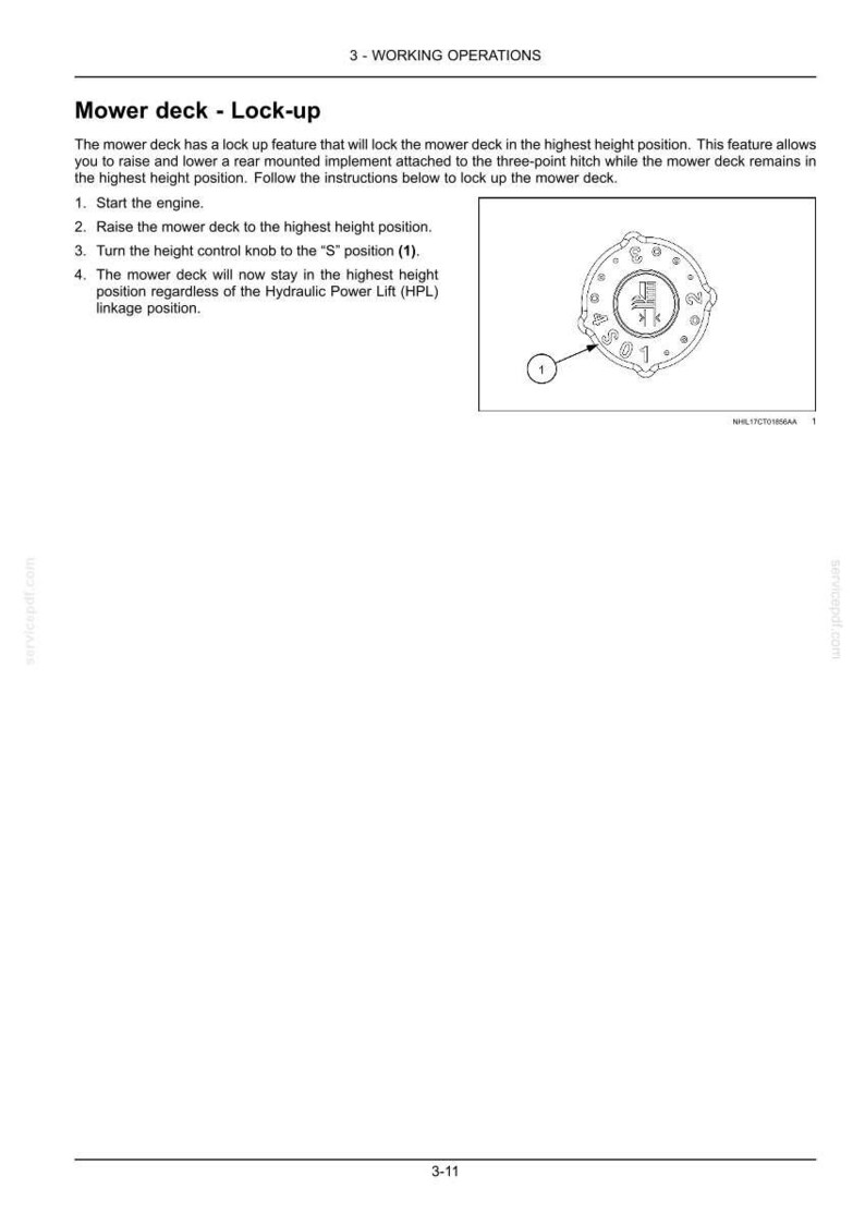 May include: A technical document page titled 3 - WORKING OPERATIONS, Mower deck - Lock-up. It includes instructions for locking a mower deck in the highest position and a line drawing of a height control knob with an S position labelled 1.